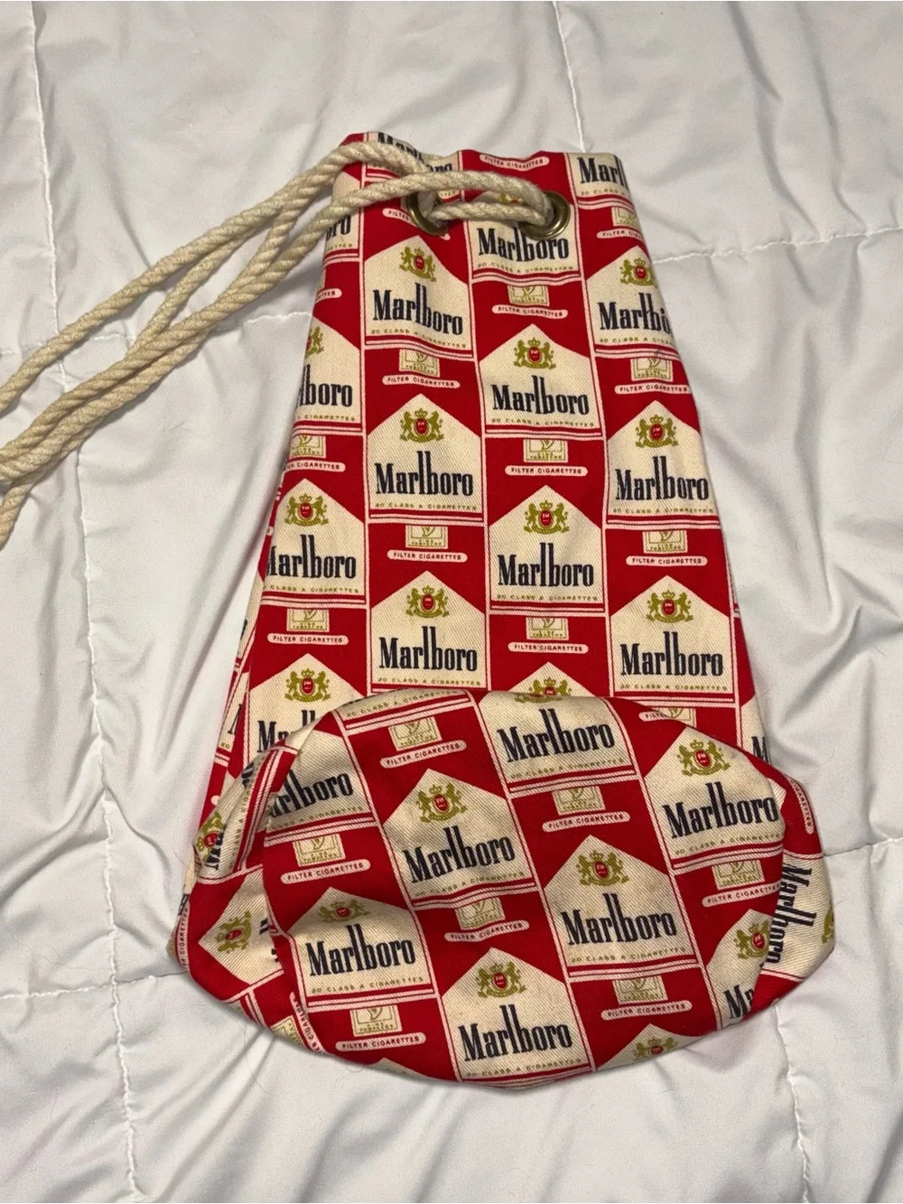 Marlboro Print Red and White Drawstring Bag Vintage Lined